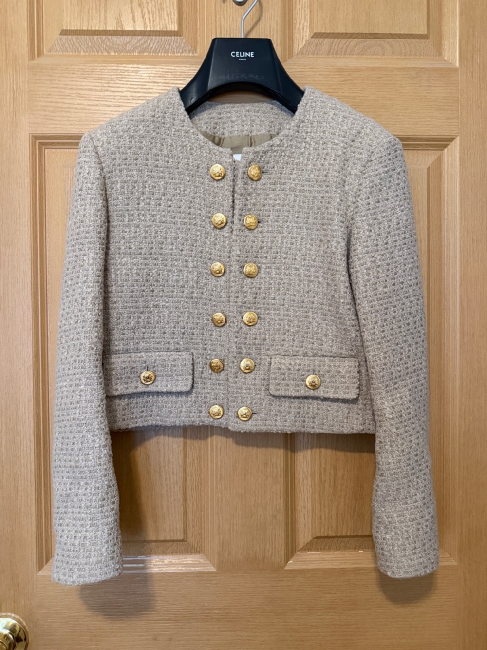 Celine Beige Tweed Cropped Military-Style Jacket with Gold Buttons